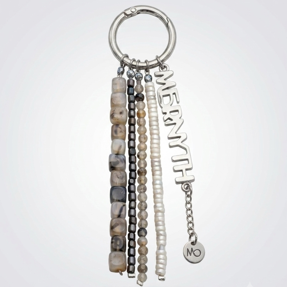 The Greige beaded bag charm in smoky agate and pearl — Mernyth
