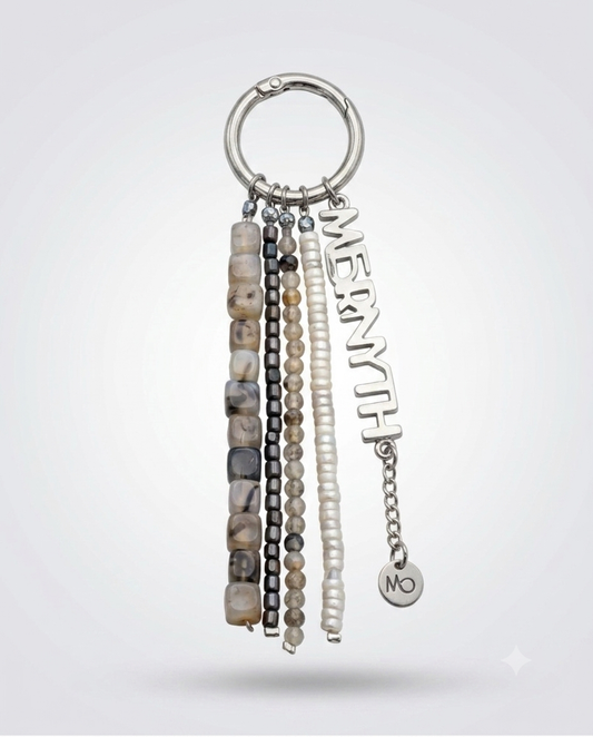 The Greige beaded bag charm in smoky agate and pearl — Mernyth
