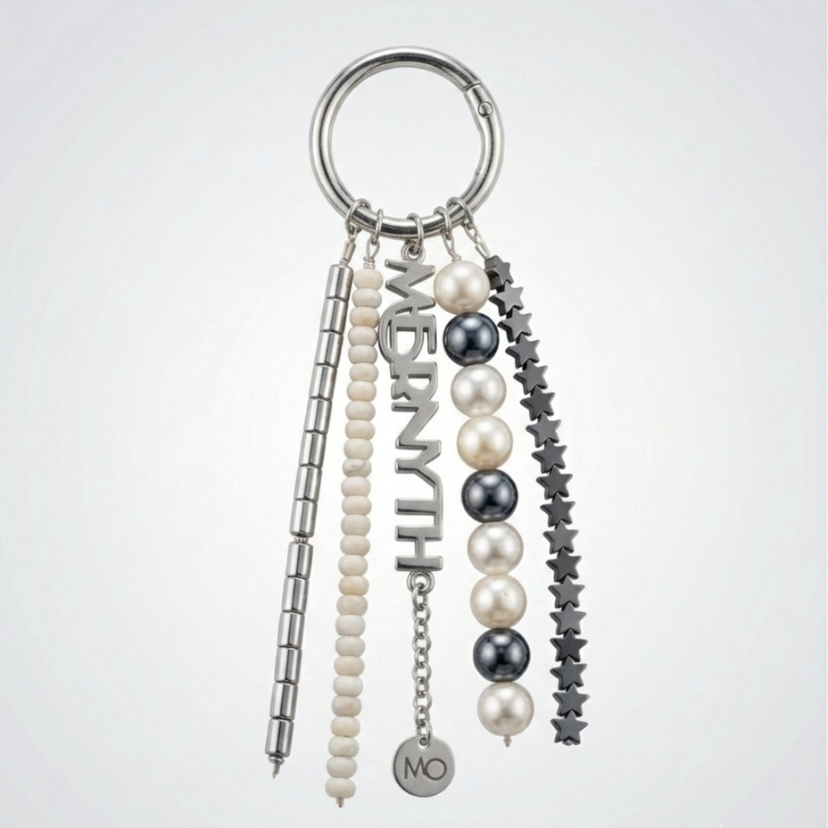 La Lune beaded bag charm in pearl, silver and hematite stars — Mernyth