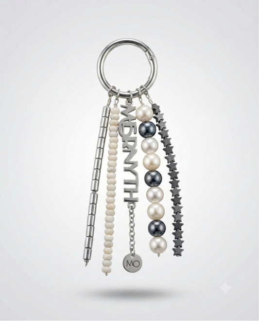 La Lune beaded bag charm in pearl, silver and hematite stars — Mernyth