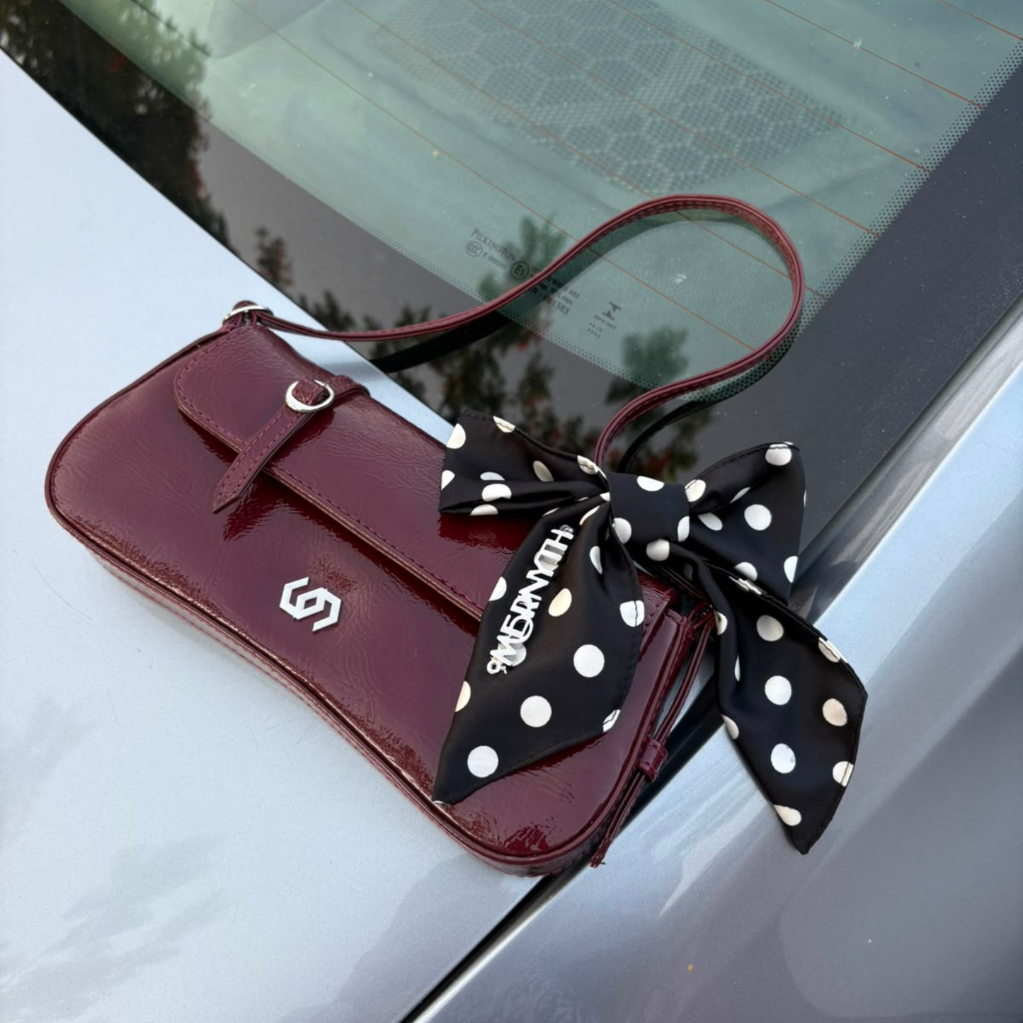 The Noir Dot silk twilly, black and white polka dot bag scarf — Mernyth