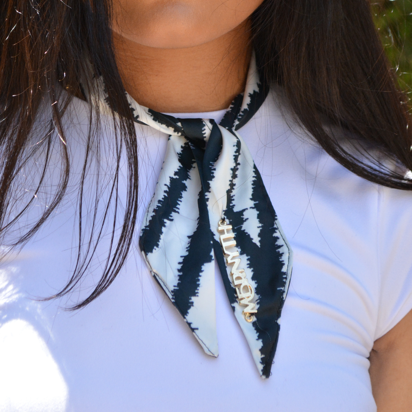 The Onyx Wave silk twilly in black and white wave print — Mernyth